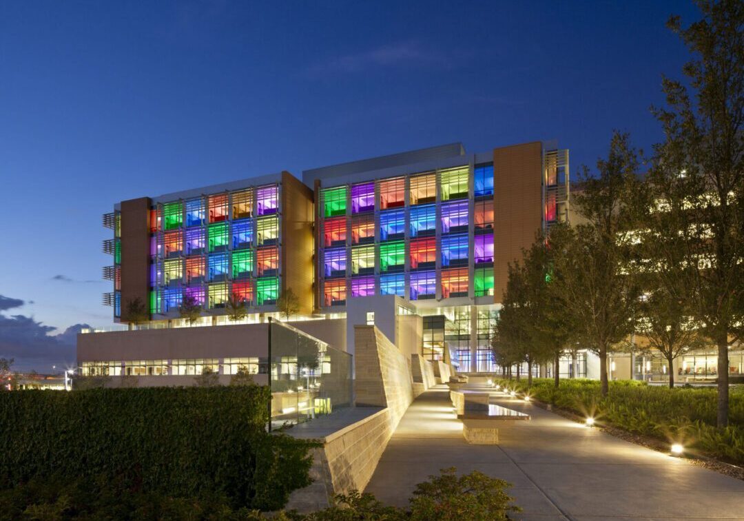 Colorful building lights at dusk