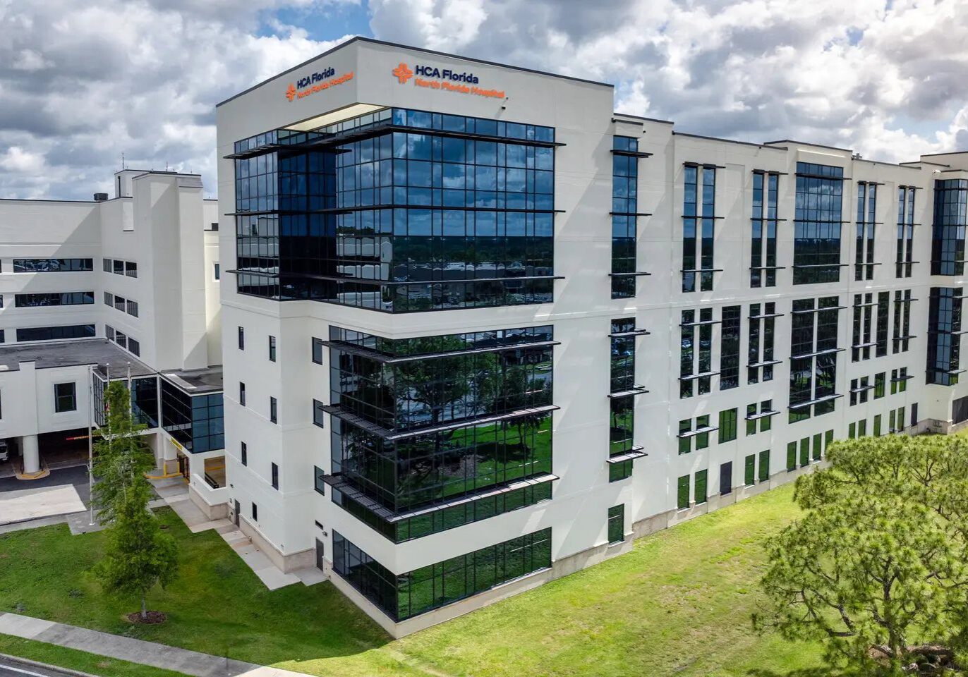 Healthcare facility under cloudy sky